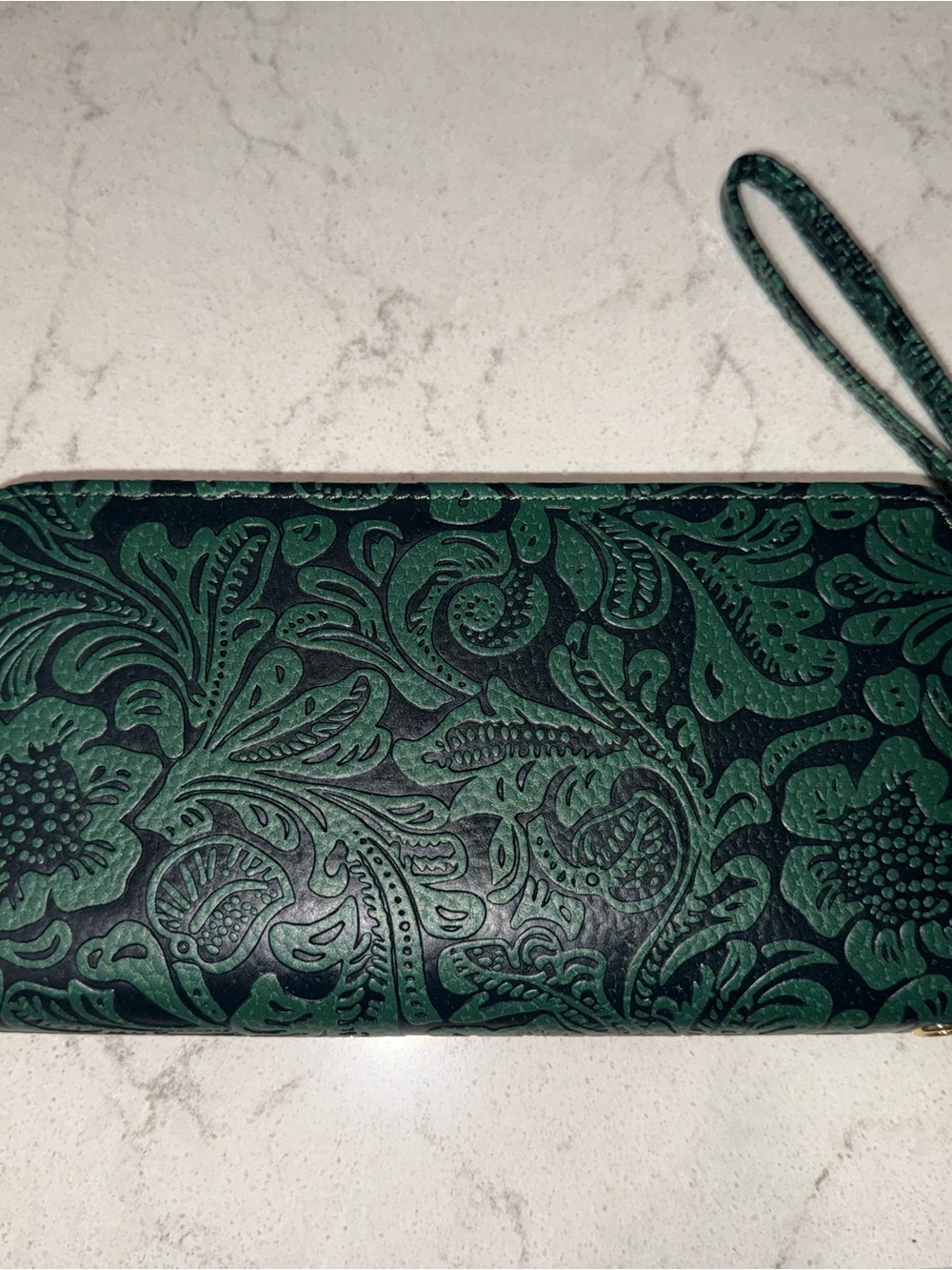 Green Embossed Floral Wristlet Clutch
